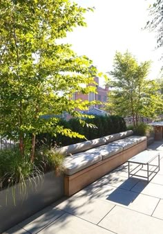 an outdoor seating area with benches and trees