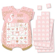 a baby shower game with pink and gold accents on it's chest, surrounded by matching stickers