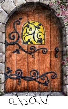 an image of a door that is painted on the side of a brick building with vines and flowers around it