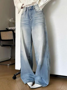 High Waist Washed Loose-Fit Wide-Leg Jeans - AnotherChill Hipster Pants, White Gradient, Streetwear Jeans, Two Piece Jumpsuit, Vintage Preppy, Jeans Y2k, Classic Jeans, Vintage Casual