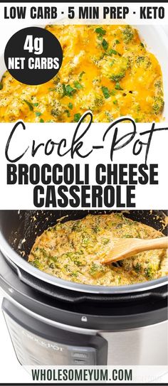 the crock pot broccoli cheese casserole is shown in this ad