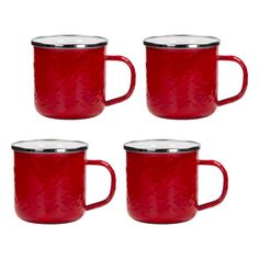 four red coffee mugs with metal rims on white background, set of 4