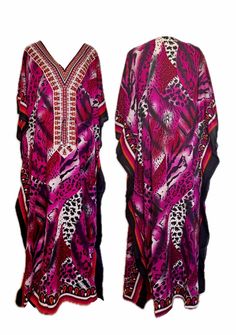 Experience the ultimate blend of comfort and style with our versatile one-size caftans, perfect for every occasion. Whether you're lounging at home, enjoying a beach day, or winding down in cozy pajamas, this lightweight caftan has you covered. Made from breathable, soft fabric, it drapes beautifully for a relaxed, flattering fit that suits all body types.  Wear it as: Pajamas for a restful night's sleep or lazy mornings. Loungewear for casual days at home or effortless relaxation. A beach cover-up to stay chic and comfortable while soaking up the sun.  Available in a variety of colors and patterns, our one-size caftan is your go-to piece for laid-back luxury. Effortless, comfortable, and stylish - your favorite new wardrobe essential is just a click away. V-neck Beach Sleepwear For Summer, Purple Relaxed Fit Sleepwear For Summer, Pink Printed Kaftan For Beach Cover-up, Long Multicolor Kaftan For Loungewear, Casual Printed V-neck Kaftan, Casual Pink Printed Cover-up, Casual Long Sleeve Pink Kaftan, Casual Pink Long Sleeve Kaftan, Casual Printed Sleepwear For Beach