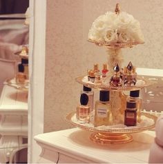 CLICK TO SEE MORE Beauty Room Designs On Our BLOG for #makeup and #perfume… Diy Perfume Display, Chanel Decoration, Perfume Display, Perfume Organization, Makeup Organization Vanity, Diy Perfume, Vanity Room, Perfume Tray