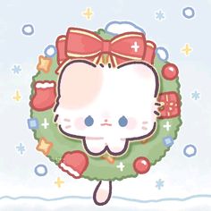 a hello kitty christmas wreath with bows on it's head and decorations around its neck