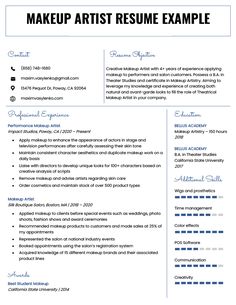 a professional resume template for an artist in blue and white colors, with the words make up