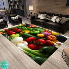 a living room with a large rug that has vegetables on it