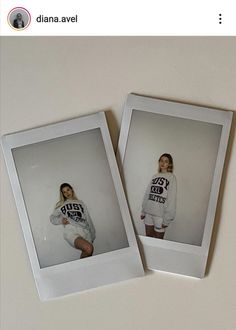 two polaroid frames with photos of women in sweatshirts and shorts on top of each other