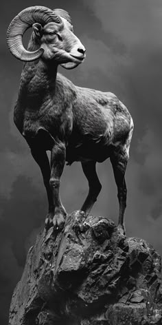 a ram standing on top of a rock in front of a dark sky with clouds