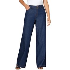 These wide-leg jeans provide a perfectly relaxed fit that you'll feel great in all day long. Non-stretch 100% cotton gives you a custom-feeling fit and softens as you wash and wear them. Get casual comfort with a laidback look and feel that's great for everyday wear. Elastic Jeans, Plus Size Petite, Jean Trends, Woman Within, Womens Fleece, Plus Size Jeans, Wide Leg Denim, Denim Jean, Wide Leg Jeans