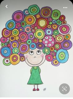 a child's drawing of a girl with colorful circles on her head and hair