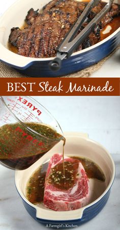 steak marinade being drizzled on top of meat