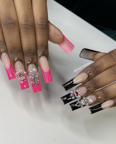 Nails Fire, Nails Long Acrylic, Black Prom Nails, Nailart Pink, Acrylic Nails Long, Long Square Nails, Black Acrylic Nails, Long Acrylic Nails Coffin