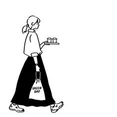 a drawing of a woman carrying cake on a tray