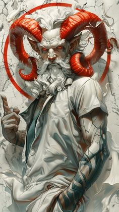 a painting of a man with horns on his head holding a cell phone in one hand