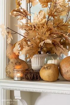 a white mantle topped with lots of different types of fall leaves and gourds