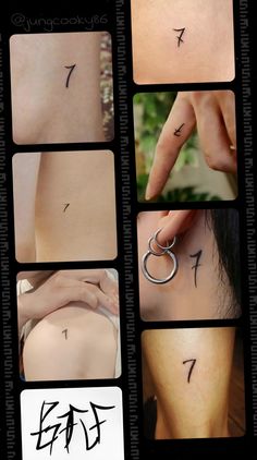 several pictures of different tattoos on someone's back and neck, including the letter f