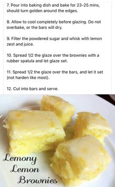 the recipe for lemon brownies is shown on a plate