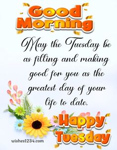 good morning message with flowers and sunflowers on white background for greeting card or poster