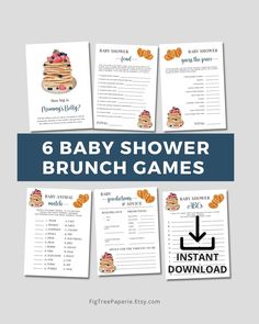 six baby shower brunch games with the text, 6 baby shower brunch games