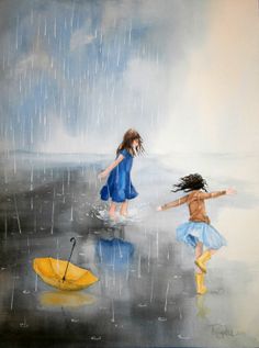 two children playing in the rain with an umbrella