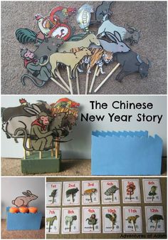 the chinese new year story with pictures of animals and people on them, including an animal theme