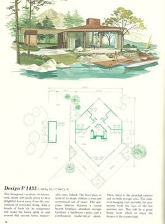 an image of a house with plans on the front and back side, as well as a boat in the water