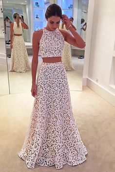 White Lace Prom Dress, Chic Prom Dresses, Prom Dresses Long Lace, Lace Evening Gowns, Long Prom Gowns, Prom Dresses Two Piece, Prom Dresses Sleeveless, White Prom Dress, Lace Prom Dress