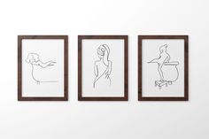 three framed art pieces on a wall with one woman sitting in a bathtub and the other standing up