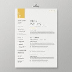 a clean and modern resume template with yellow accents on the front, side and bottom