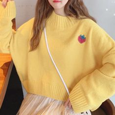 Sweet Strawberry Embroidery Pullover Knit Sweater Strawberry Sweater Outfit, Korean Fashion Yellow, Melina Core, Cute Strawberry Sweater, Pink Strawberry Sweater, Knit Strawberry Sweater, Casual Pullover Outfit, Pink Cotton Kawaii Sweater, Strawberry Embroidery