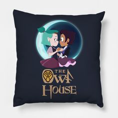 an image of two people hugging in front of a pillow that says the owl house