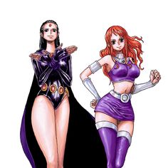 two women dressed as superheros and one is wearing a purple outfit with her hands on her hips