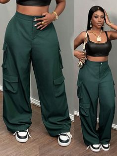 Plus Size Casual Street Style Multi-Pocket Loose Straight Green Cargo Pants For Winter Green Casual   Woven Fabric Plain Straight Leg Slight Stretch  Women Plus Clothing, size features are:Bust: ,Length: ,Sleeve Length: Cheap Green Cargo Style Pants, Cheap Green Cargo Pants With Drawstring, Cheap Green Pants With Belt Loops, Green Baggy Pants Outfits, Cargo Verdi, Baggy Pants Outfit Street Styles, Pants For Winter, Baggy Pants Outfit, Green Cargo Pants