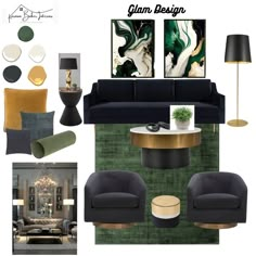 a living room filled with furniture and decor items in green, gold and black colors