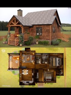 an image of a small log cabin with the floor plan cut out to show it's size