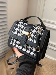 Bag For Love - Houndstooth Pattern Flap Square Bag  - Women Satchels Black And White Purse, Aesthetic Bags, Fashion Shoes Heels, Adjustable Bag, Pretty Bags, Branded Bags