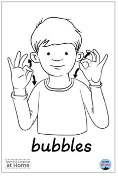 a coloring page with the words bubbles and an image of a boy holding his hands up