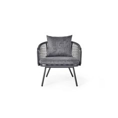 a gray chair with a black frame and grey pillow on it's back, in front of a white background