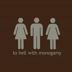 three people standing in front of a brown background with the words to hell with monogammy