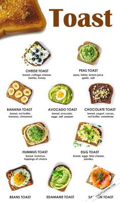 toast with different types of toppings on it and the words toast written in english