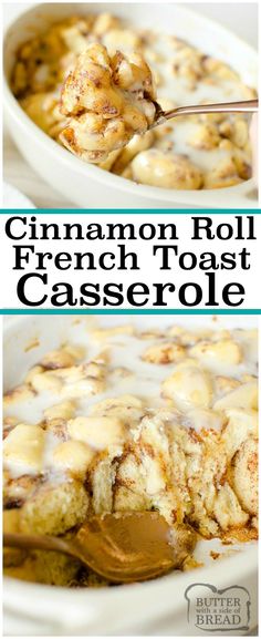 cinnamon roll french toast casserole in a white bowl with a spoon and title