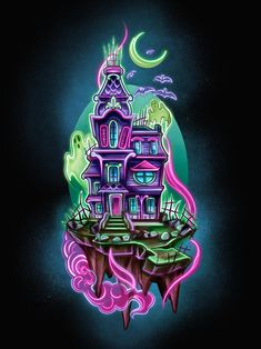 a drawing of a house on top of a hill in the night with neon lights