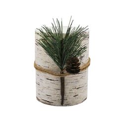 a candle holder with pine cones and branches in it