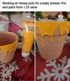 two pictures of the same pot with yellow paint on it, and one is being used as a baby shower