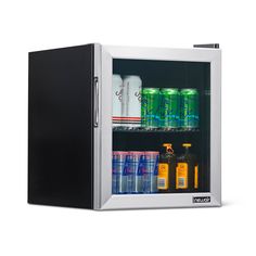 an open refrigerator with drinks and beverages inside on a white background in front of the fridge