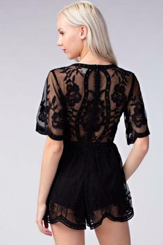 Final Sale - Get it before it's gone! Nothing is plain about the knockout Endless Lace Black Deep V Romper! Lightweight embroidered black lace fabric forms a short sleeve black lace plunge romper bodice with scalloped trimmed sleeves and shorts. Embellished in clustered lace that creates an enchanting romantic elegant look. Lined shorts and front body. DETAILS & CARE Polyester. Dry Clean. Imported. Black Romper Outfit, Sunny Day Outfit, Trendy Bodysuits, Black Lace Fabric, Black Lace Romper, Crochet Romper, Romper Pattern, Queen Fashion, Romper Outfit