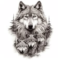 three wolfs are standing together in the woods