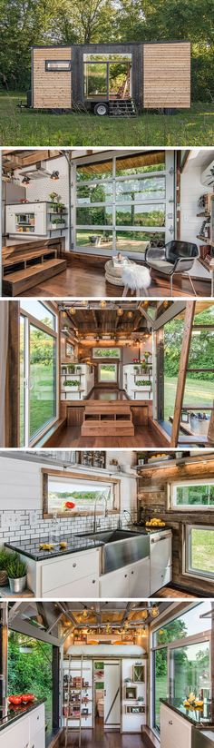 the inside and outside of a house that is made out of wood, glass and metal