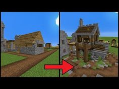 two different views of the same house in minecraft, with one showing an entrance